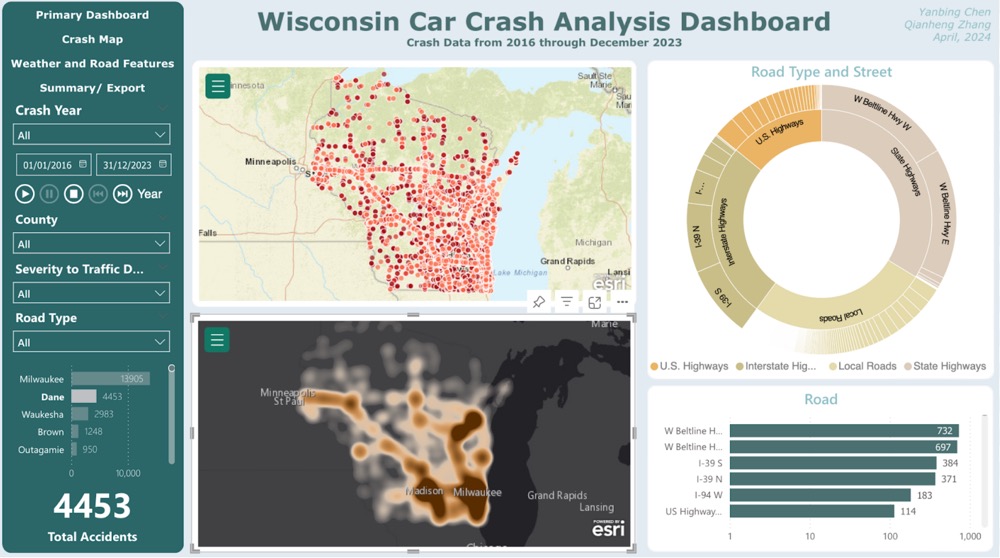 Crash map view with heatmap and road type breakdown