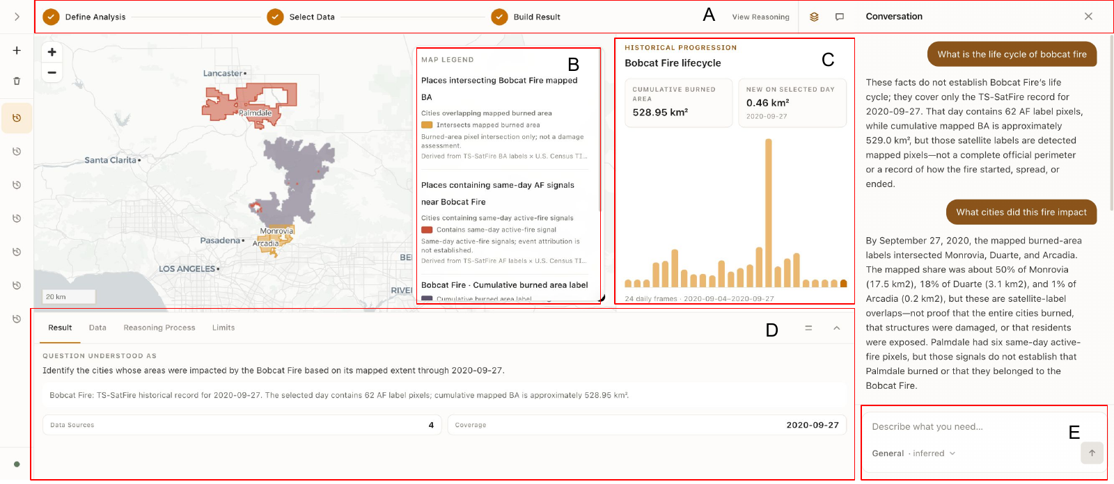 FireScope interface showing a wildfire map, source legend, analysis panels, and conversation